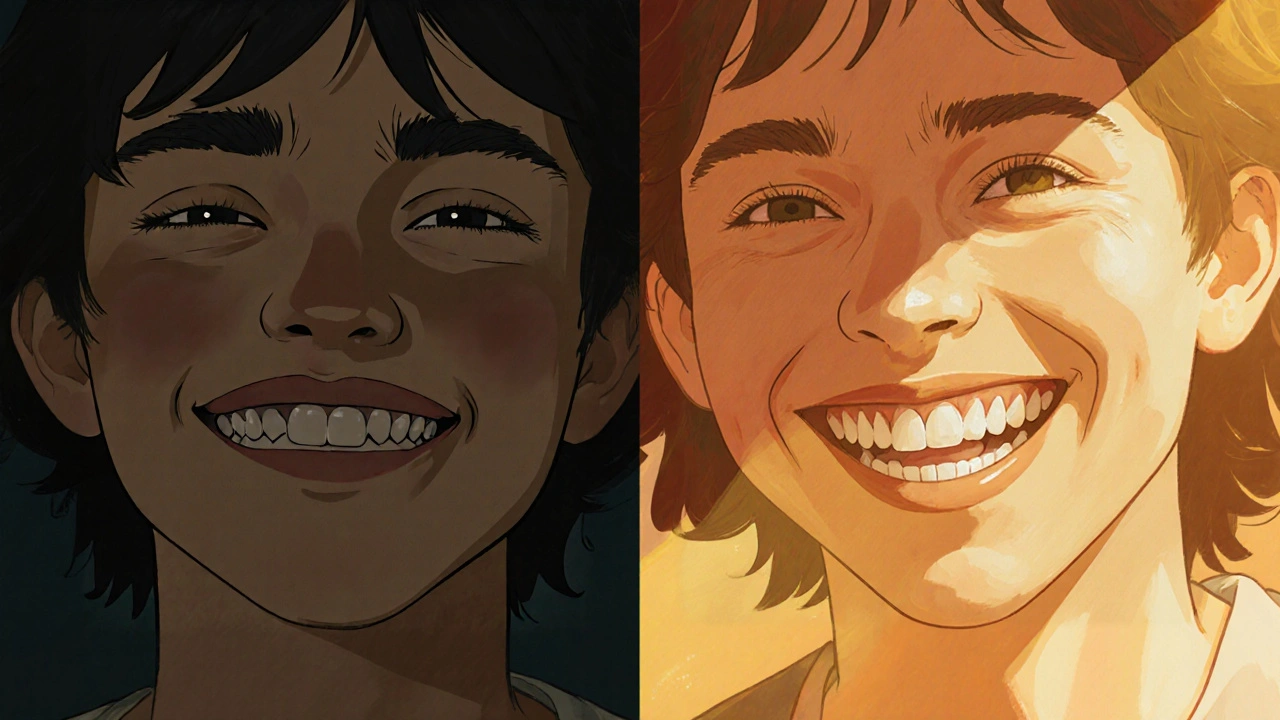 Před a po: jedna strana s chybějícími zuby, druhá se smějící tváří s přirozenými zuby.