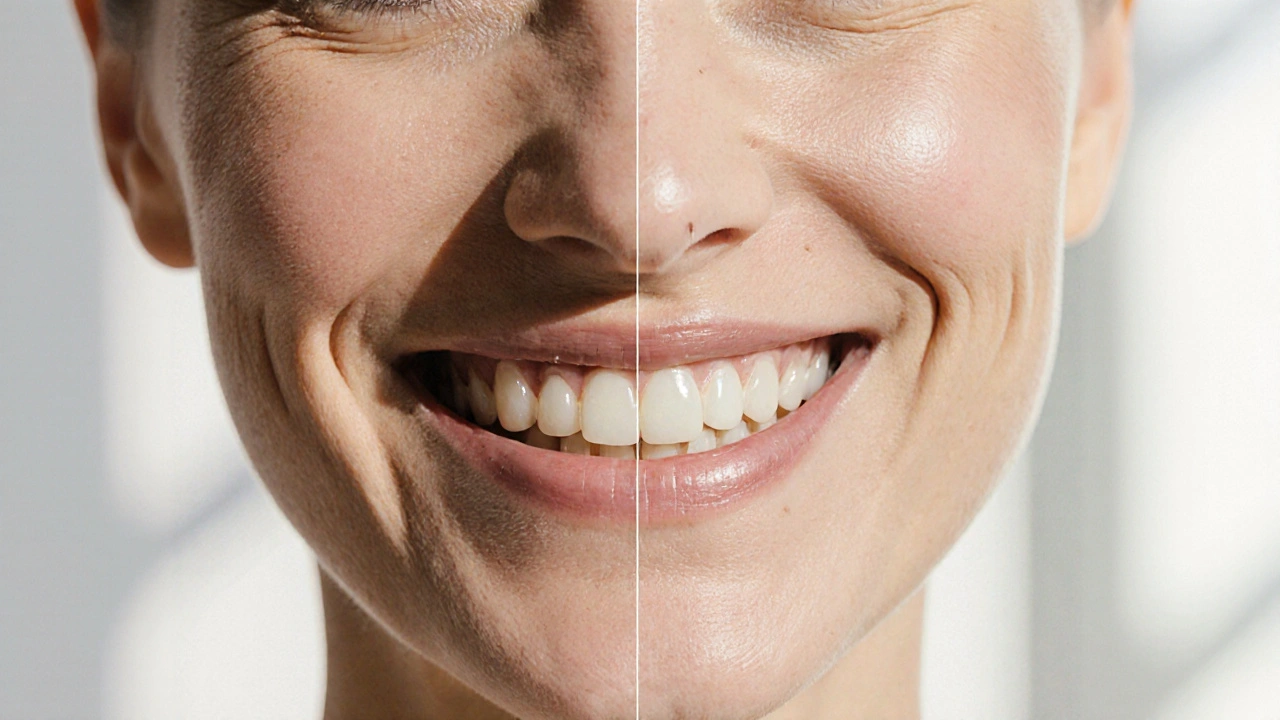 Před a po transformaci úsměvu: poškozené zuby vlevo a obnovené s veneerem vpravo.
