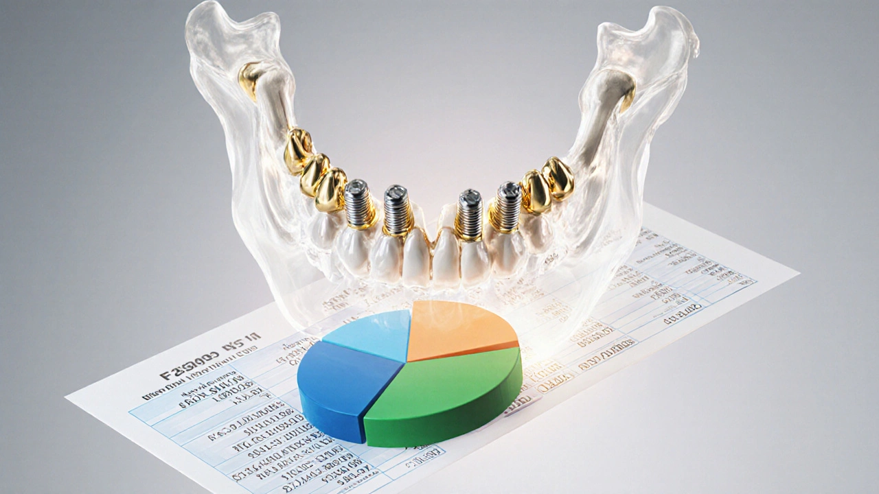 Přehled kostní regenerace a implantátů překrytý s finančním rozpočtem.