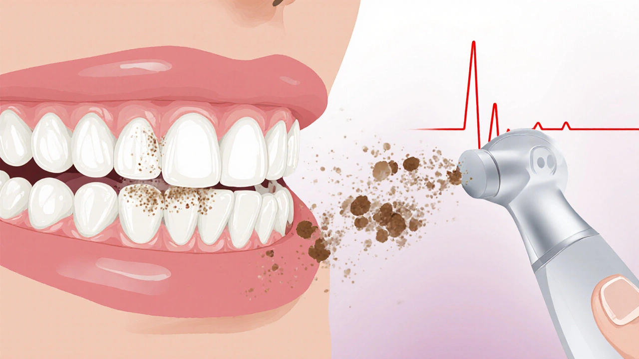 Přeměna zubního plaku na kámen a jeho odstranění ultrazvukem a air flow technikou.