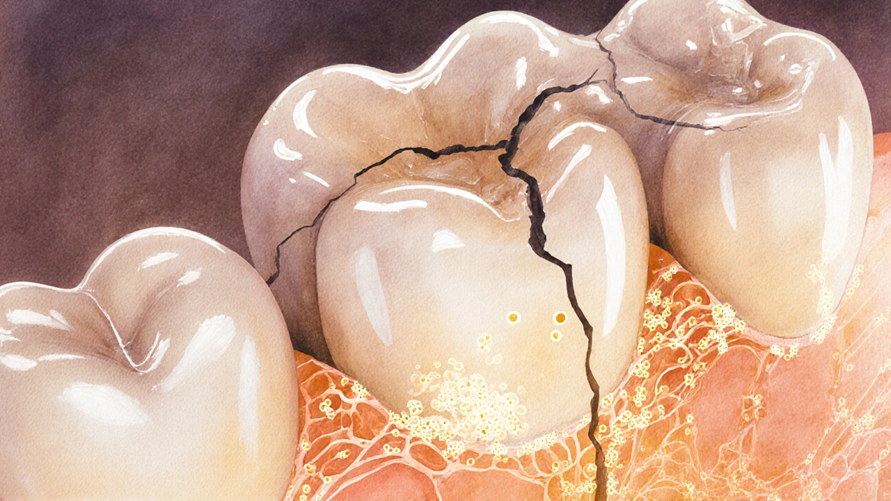 Příčný řez zubem s prasklinou procházející sklovinou do dentinu.