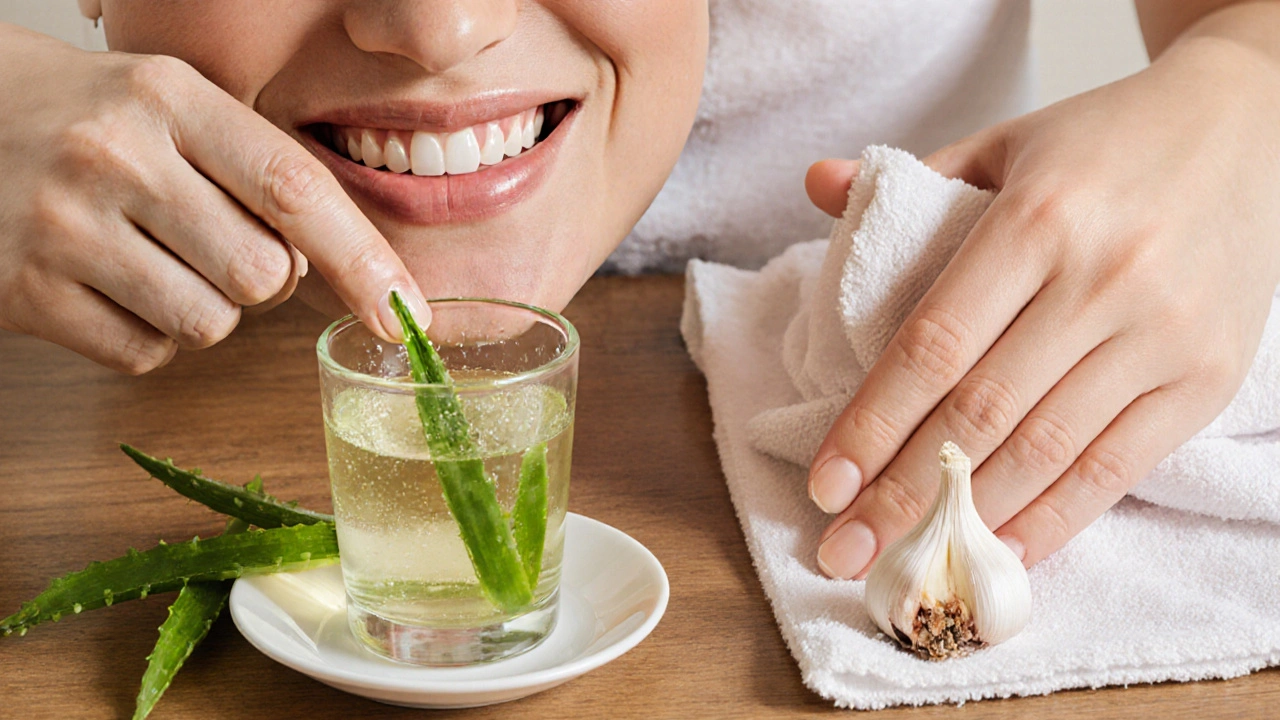 Přírodní prostředky proti zánětu dásní: aloe vera, čaj z máty a česnek na dřevěné desce.