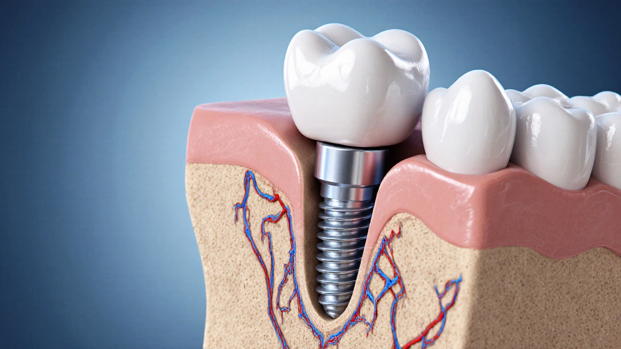 Průřez čelistí s titanovým implantátem integrovaným do kosti a spojeným s keramickou korunkou.