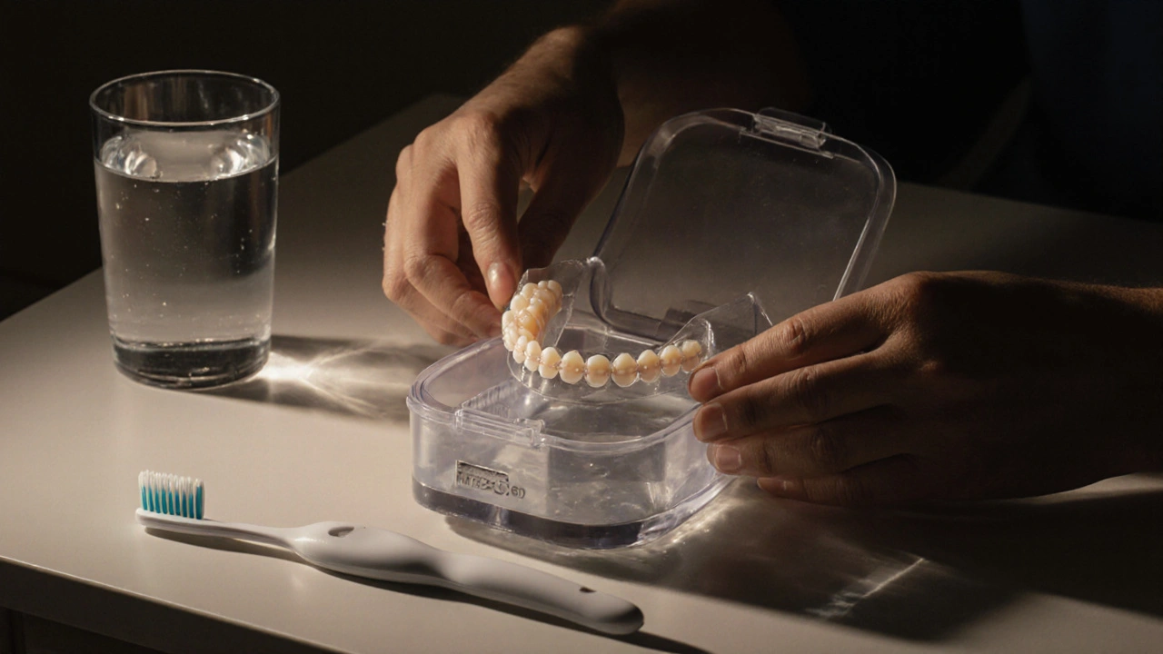 Rovnátko uložené v bezpečném kontejneru s vodou na nočním stolku.