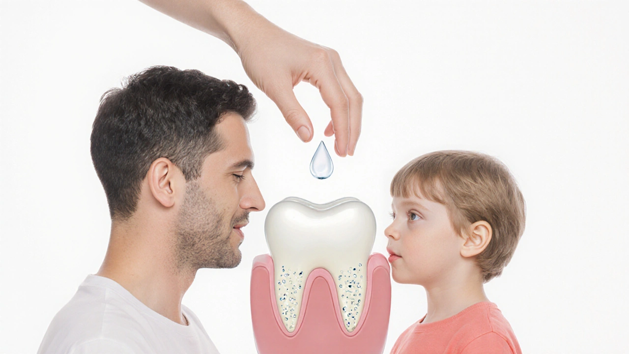 Side-by-side comparison of amalgam and glass ionomer fillings, with fluoride protection glowing from the ionomer.