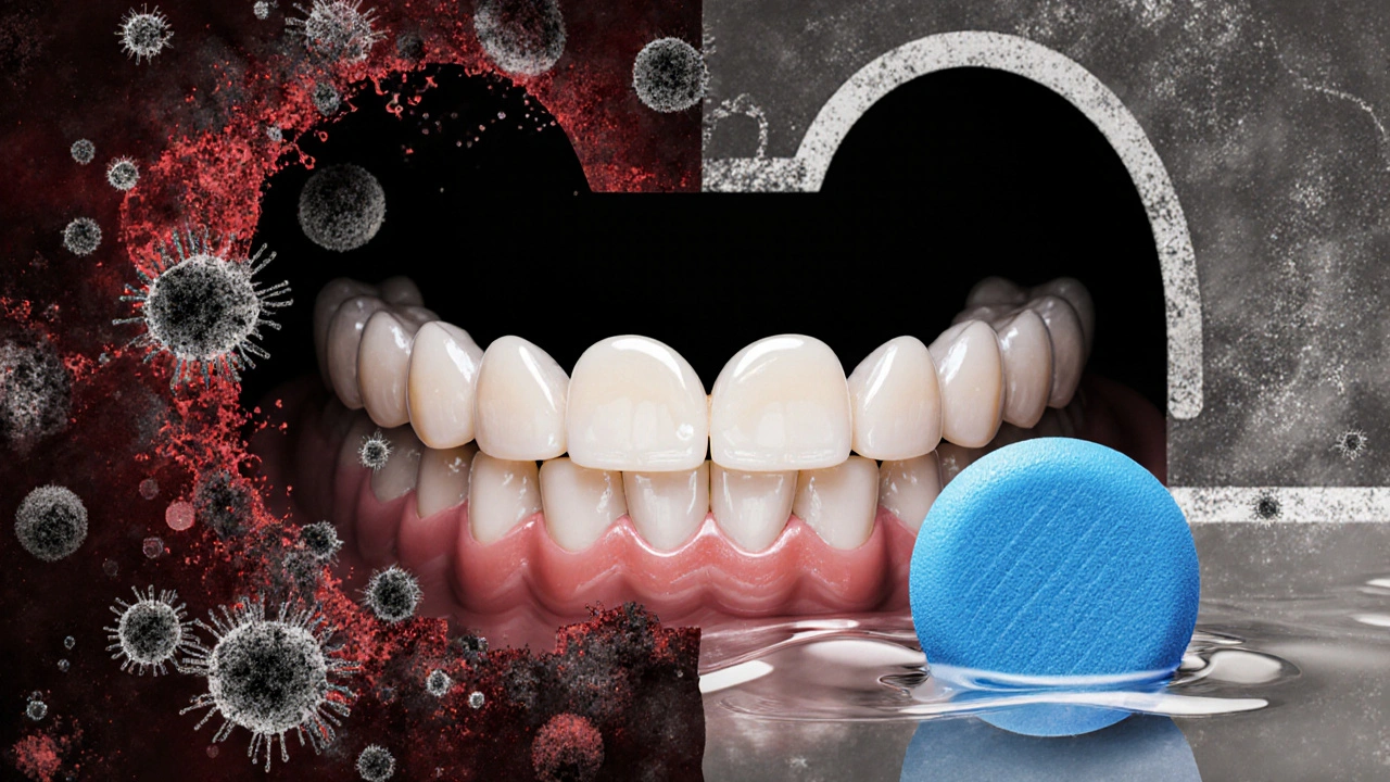 Snímací rovnátko v prostředí bakterií a plísní, proti nimž působí čisticí tableta.