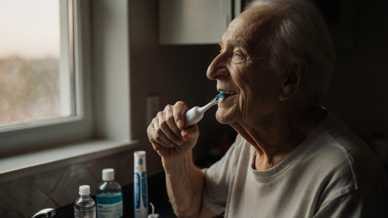 Starší osoba čistí zuby elektrickým kartáčkem s mírně krvácivými dásněmi.