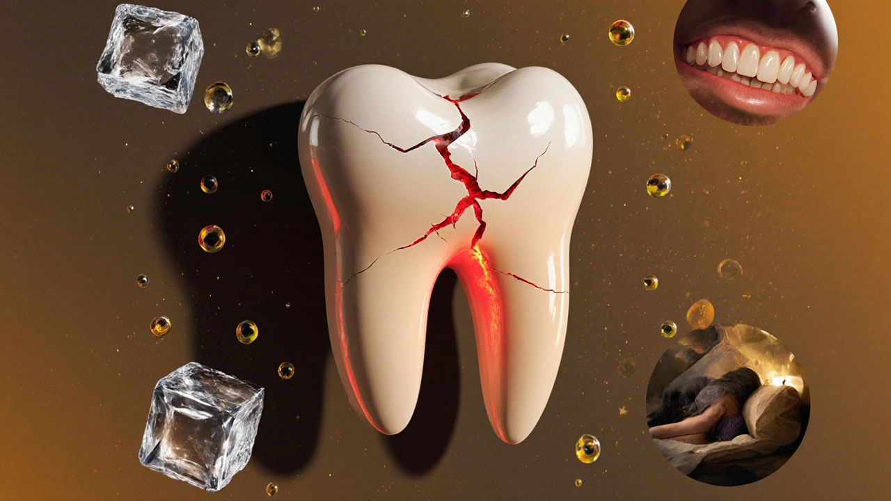 Symbolický obraz zubu pod tlakem: kousání, kyselé kapky a bruxismus.