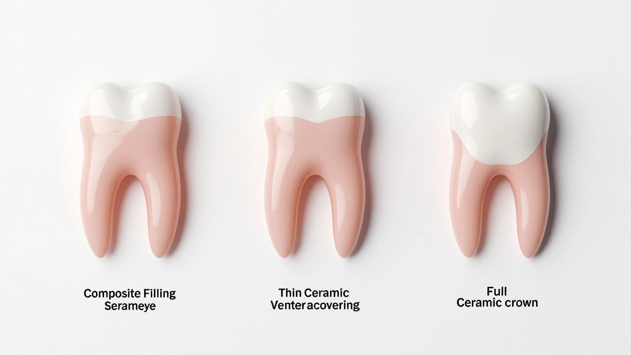 Tři druhy oprav skloviny: kompozit, veneer a korunka vedle sebe