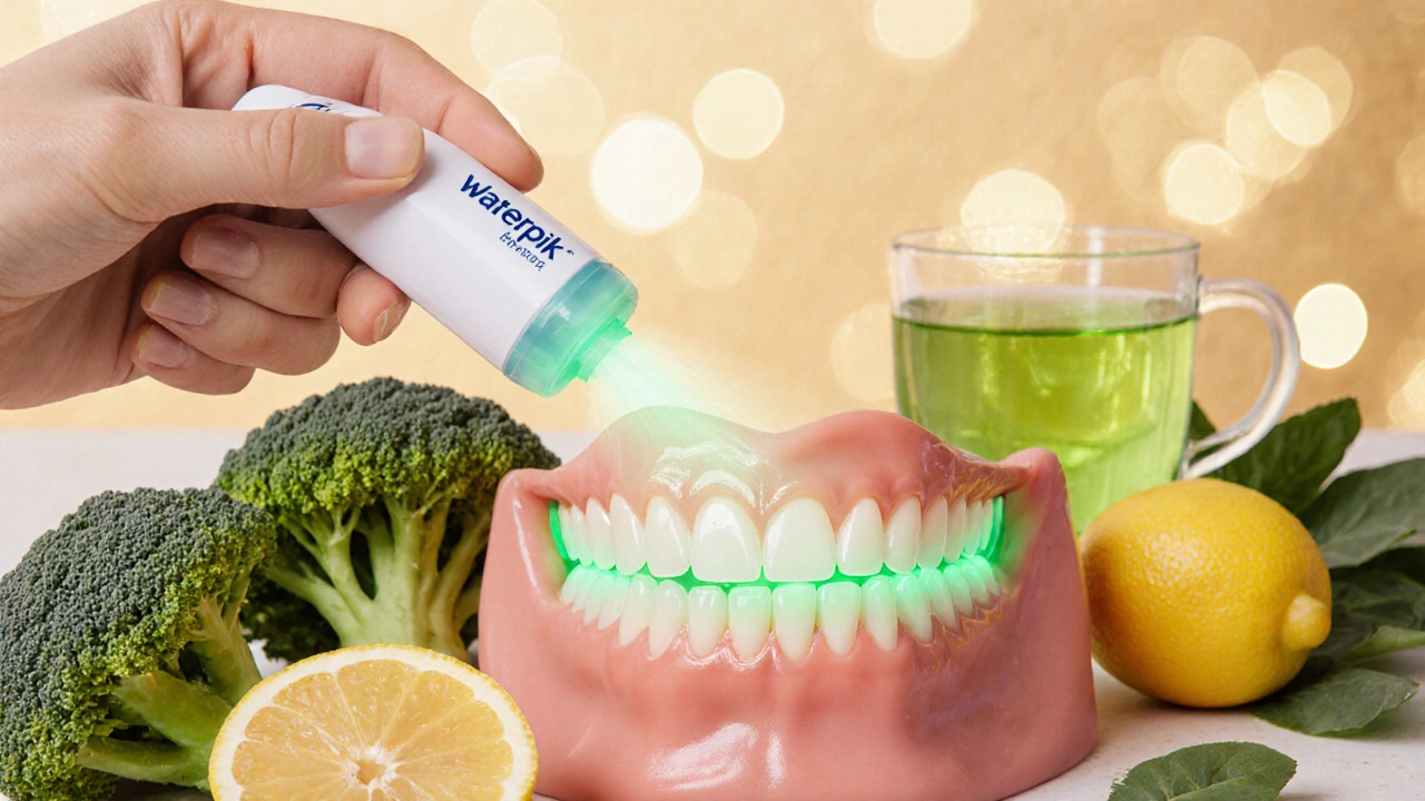 Vodní proud čistí mezery mezi zuby s retentorem, zelené světlo symbolizuje hojení dásní.