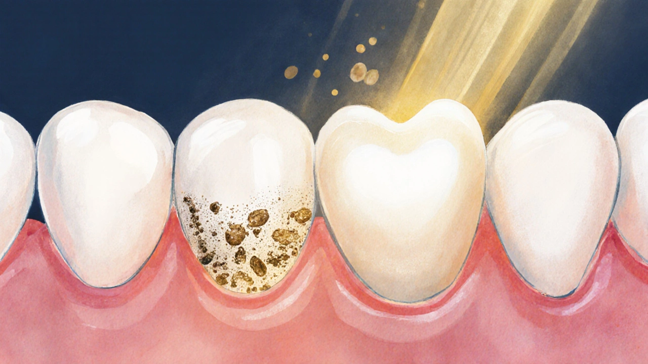 Zahojující dásně po očištění, s přirozeným světlem a odstraňujícím se kamenem.