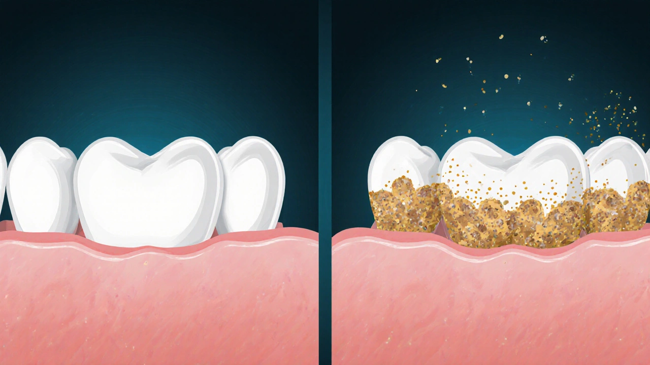 Zub s tenkou vrstvou plaku na jedné straně a tvrdým zubním kamenem na druhé.