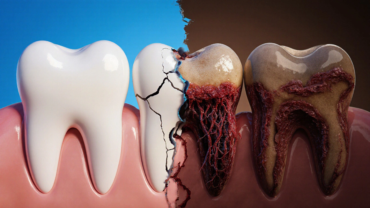 Zub se mění z zdravého na poškozený kvůli tvrdnutí plaku na kámen.