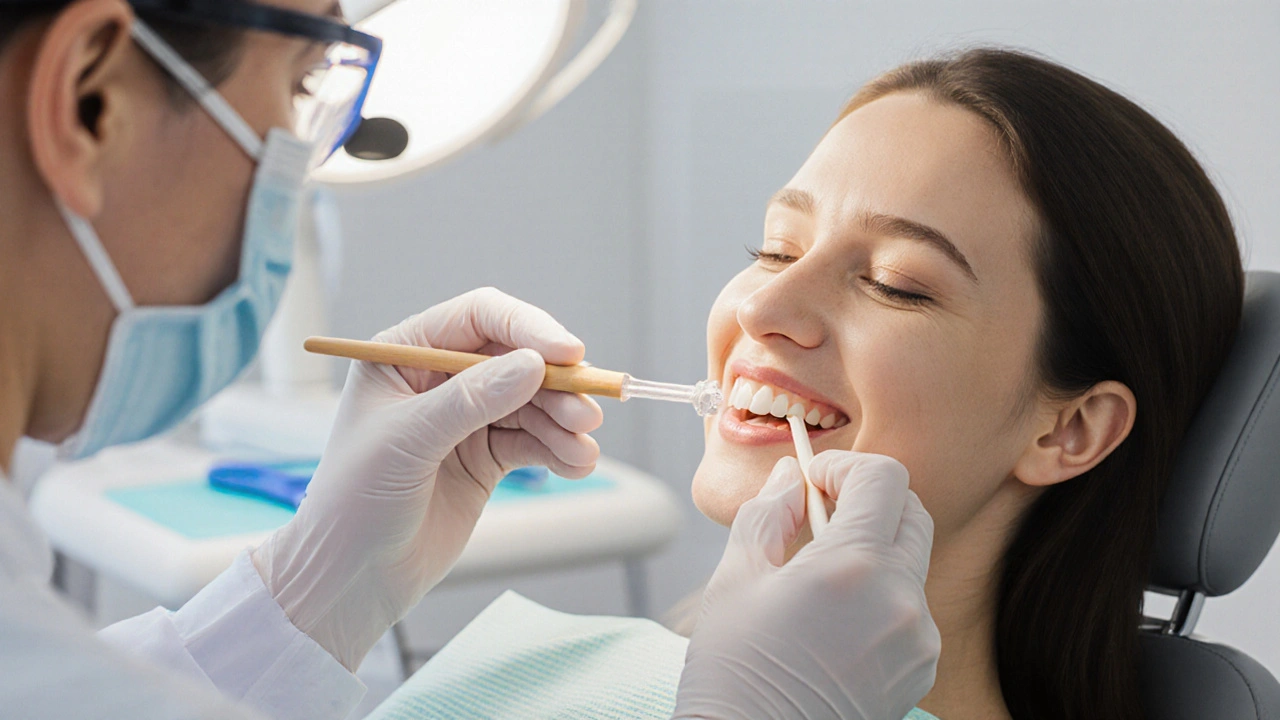 Zubař aplikuje fluoridový gel na přední zuby pacienta v klinice.