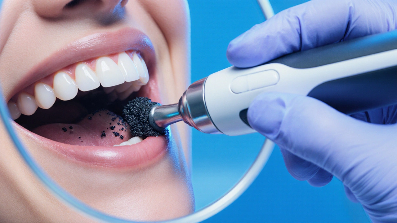 Zubař odstraňuje černý zubní kámen ultrazvukovým zařízením