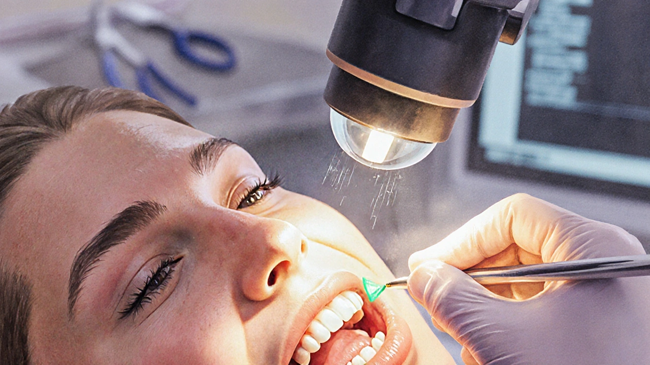 Zubař prohlíží zub s poškozením skloviny pomocí zvětšovací lupy a umístění kompozitní náplně.