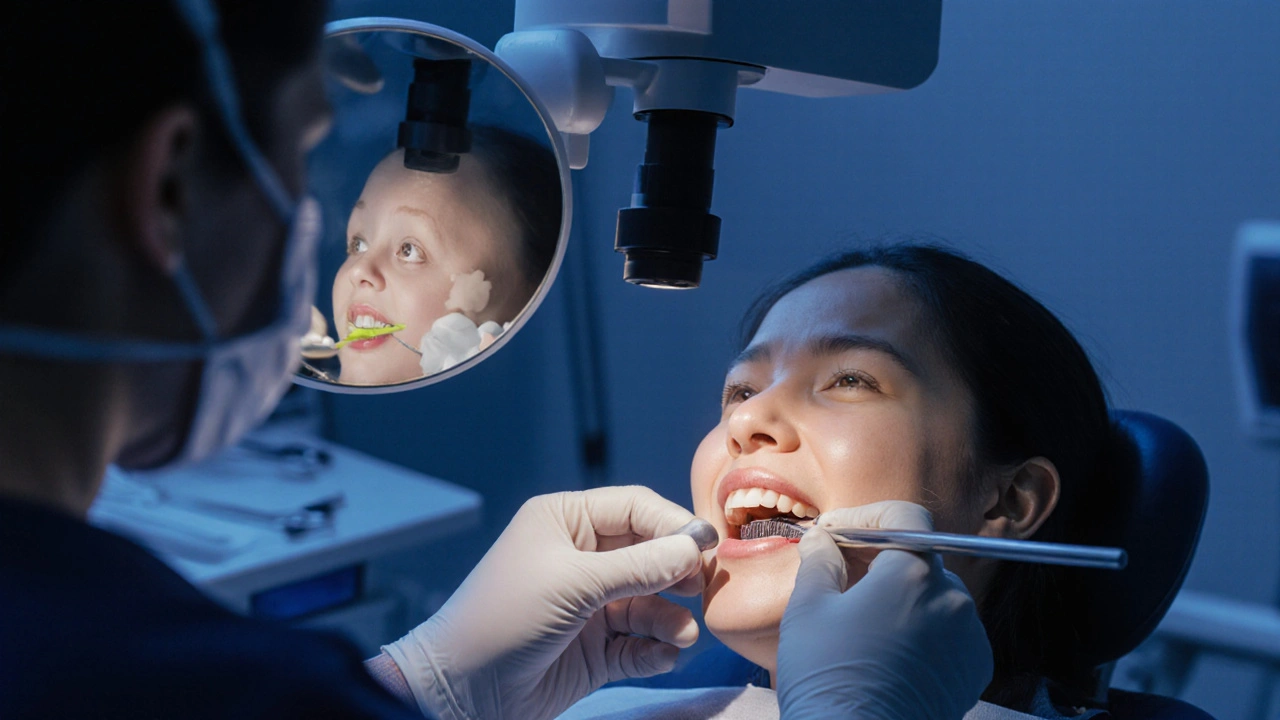 Zubní hygienistka odstraňuje kámen pod dásní ultrazvukovým čističem.