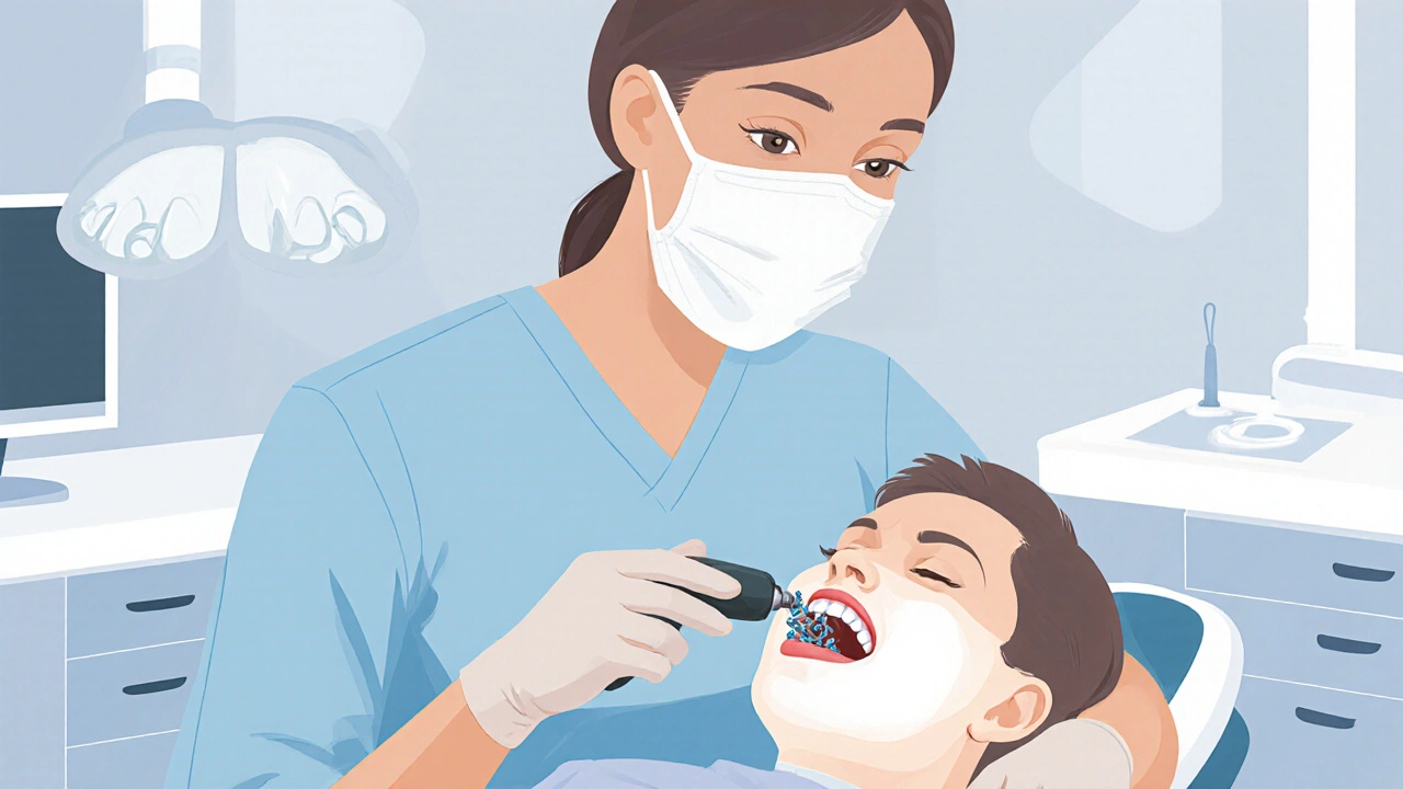 Zubní lékař odstraňuje zubní kámen pod dásní pomocí ultrazvukového skrabání.