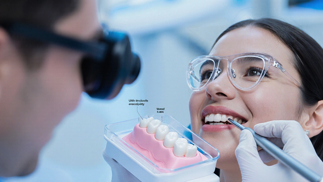 Zubní lékař připevňuje tenkou keramickou fazetu na zub s přesnými nástroji v čistém klinickém prostředí.