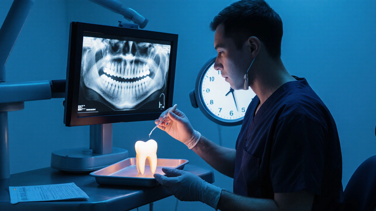 Zubní lékař rychle vyšetřuje pacienta v nouzové ordinaci s rentgenem a receptem.