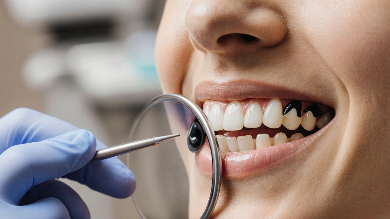 Zubní lékař ukazuje na zuby s plombami vedle bělších zubů.