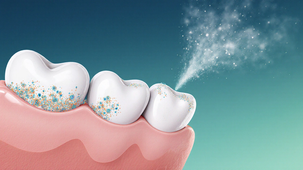 Zvětšený pohled na zubní povrch, kde proud vzduchu odstraňuje bakterie z kamenů.