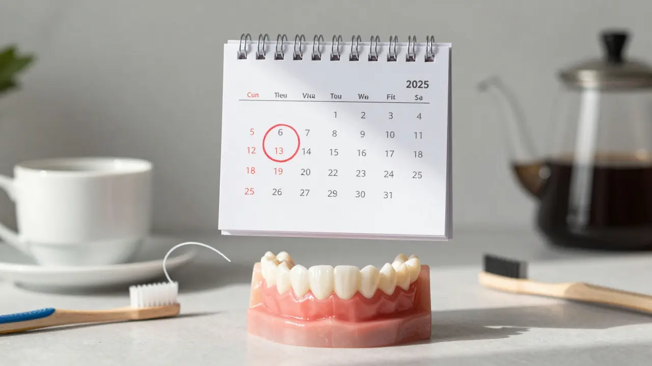 Calendar marking yearly laser whitening with oral care items nearby.
