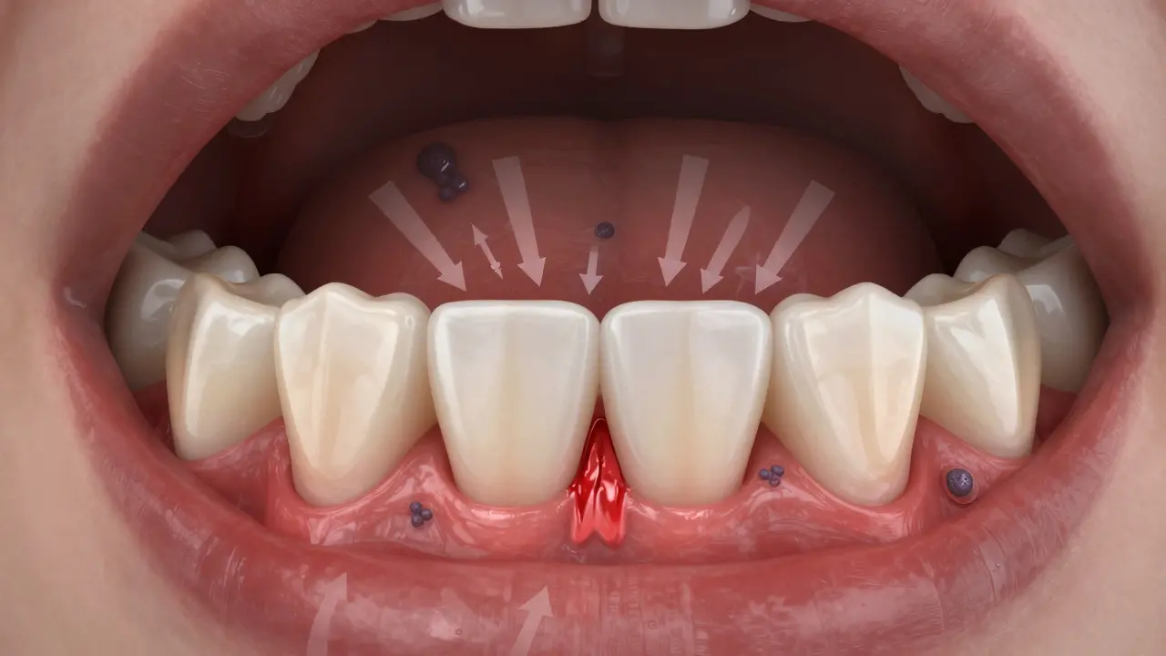 Červené, oteklé a krvácející dásně kolem zadních molárů.