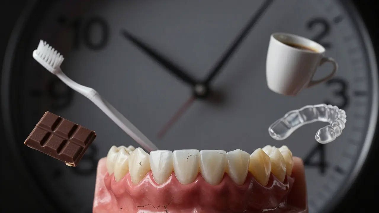 Clock over teeth showing composite veneers fading over time with lifestyle factors around.