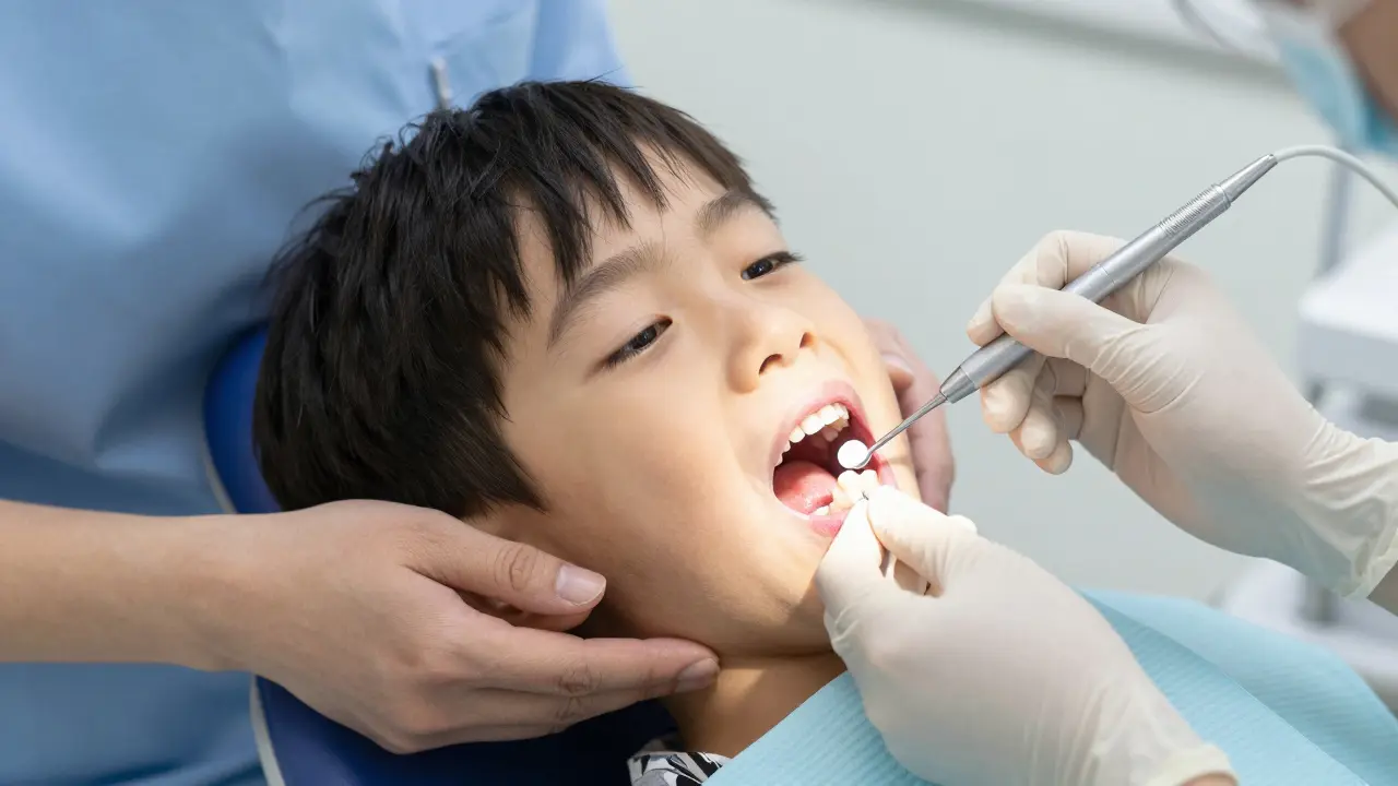 Dentist aplikuje fluoridový lak na dětské zuby, rodič klidně drží dítě.