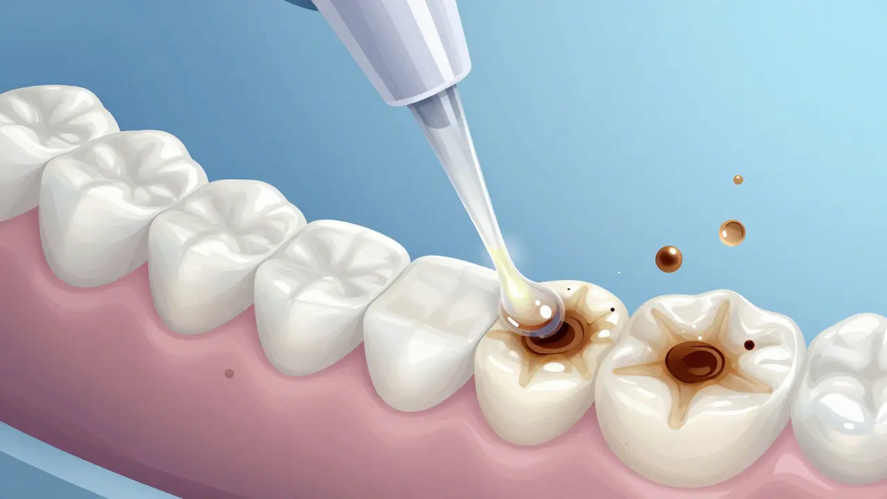 Detail bělicího gelu Opalescence na zubním držáku s mikroskopickým rozkladem skvrn.