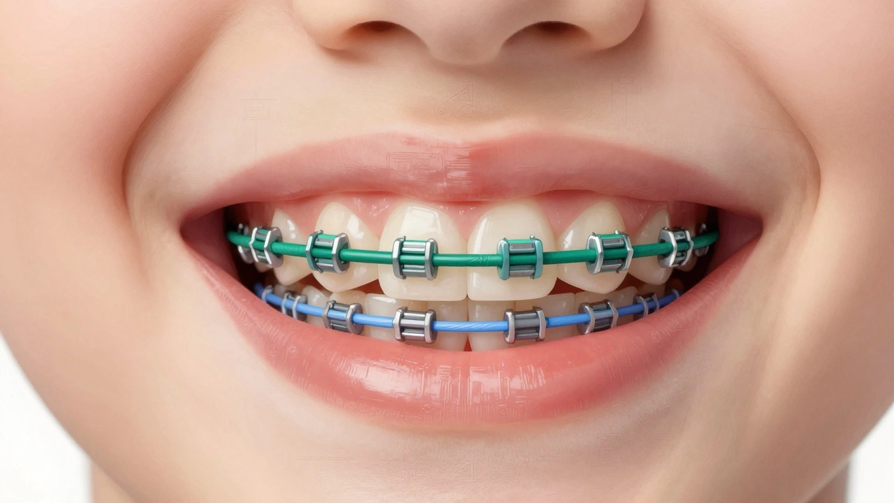 Detailní náhled dítěte úst s různými typy elastických kroužků na rovnátka.