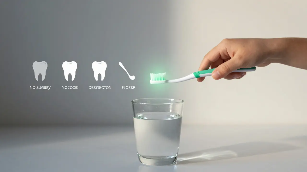 Dítě čistí zuby, zářící fluoridová ochrana se šíří kolem kartáčku.