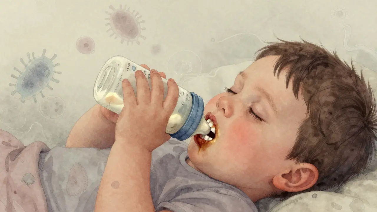 Dítě spí s láhví v ústech, na zubech se pomalu objevují hnědé skvrny z kazu.