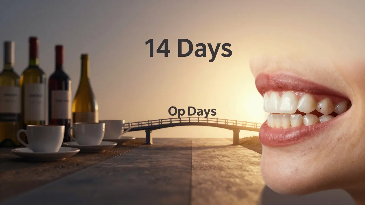 Dvě cesty: tmavé vs. bělé zuby, spojené mostem '14 dní'.