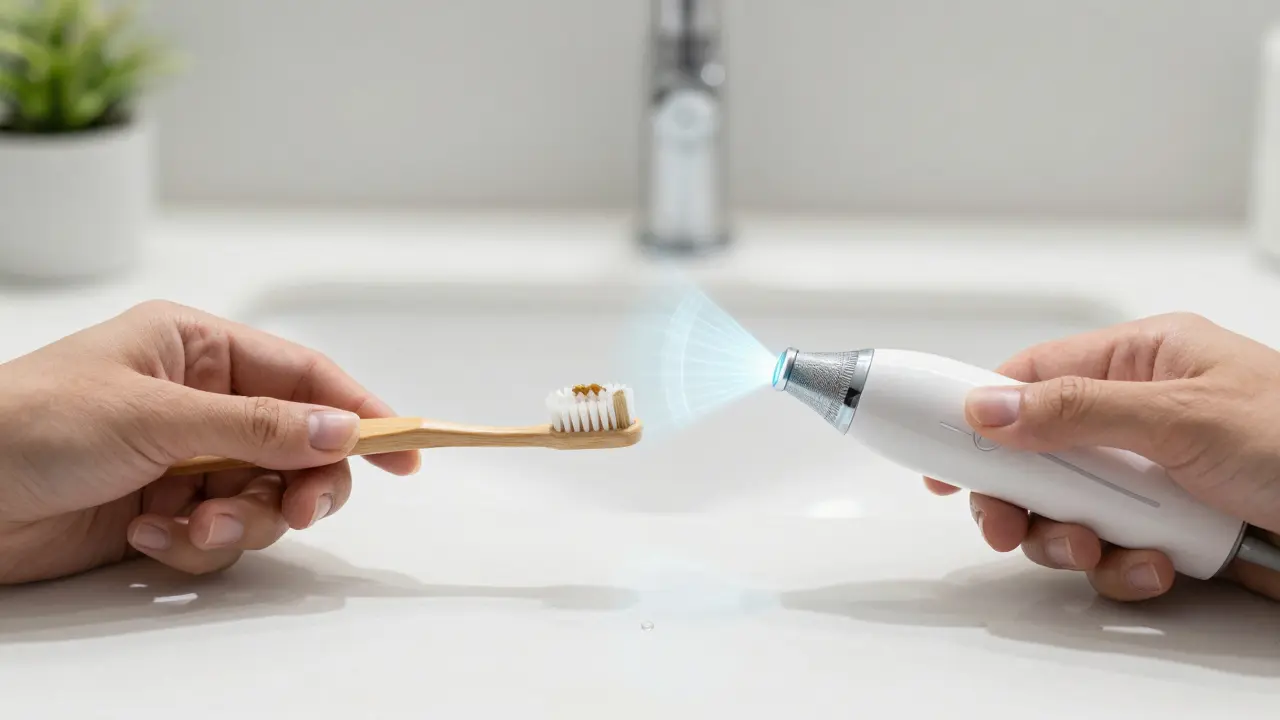 Dvě ruce drží tradiční kartáček a ultrazvukový čistič vedle sebe, symbolizující pokrok v péči o zuby.