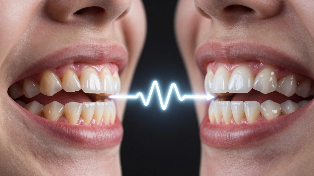 Dvě strany jednoho zubu: zkažený s kamenem a zdravý po čištění, znázorňující prevenci a obnovu.