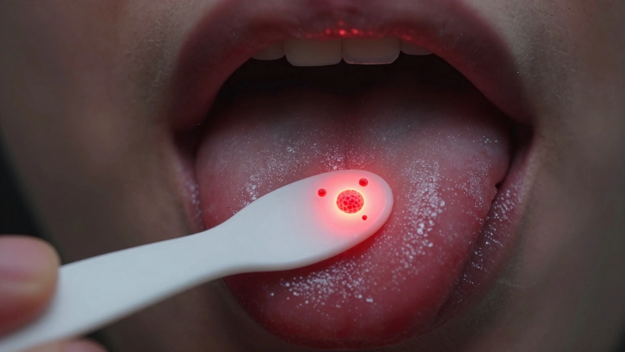 Ergonomic tongue scraper removing bacterial film from tongue surface.