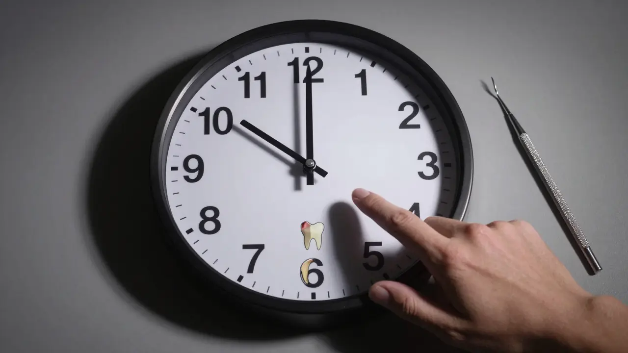 Hodiny s zuby jako číslicemi ukazují postupný rozpad zubu za 6 měsíců.