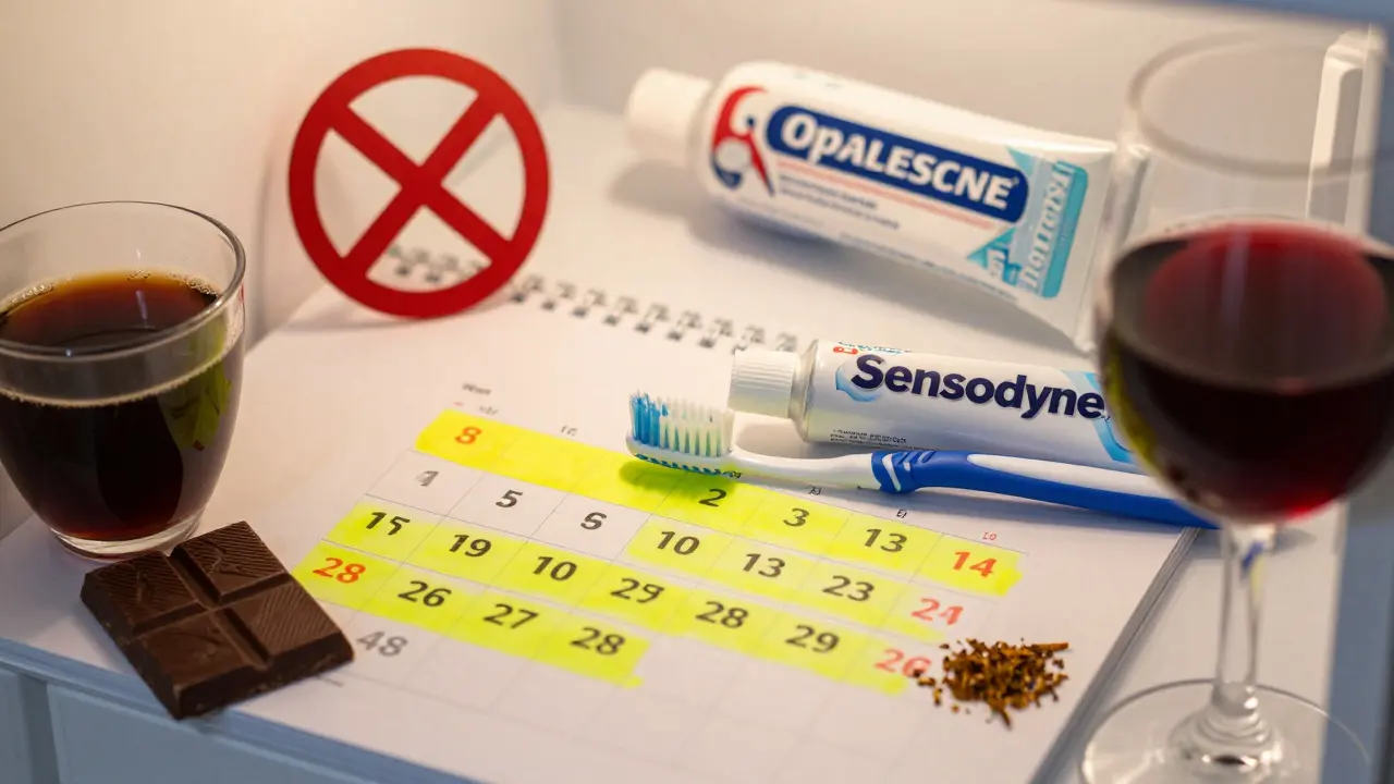 Kalendář s 48 hodinami po bělení, okolo něj zakázané potraviny a měkký kartáček.