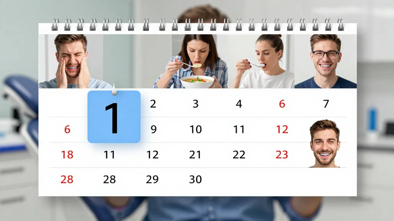 Kalendář ukazující přechod od bolesti k pohodlí během prvních dnů s rovnátky.