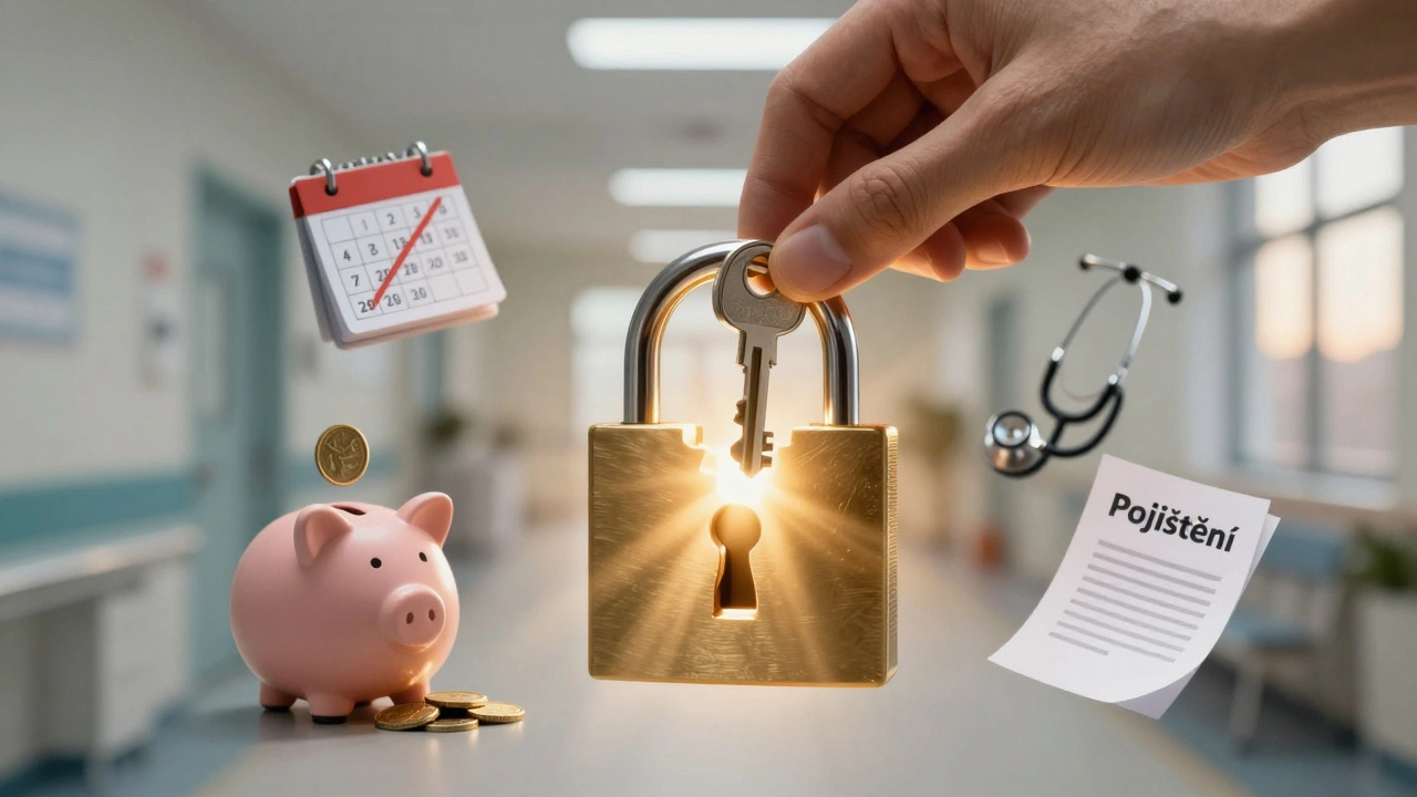 Klíč v zámku tvaru čelisti uvolňuje světlo, kolem něj symboly financování a léčby.