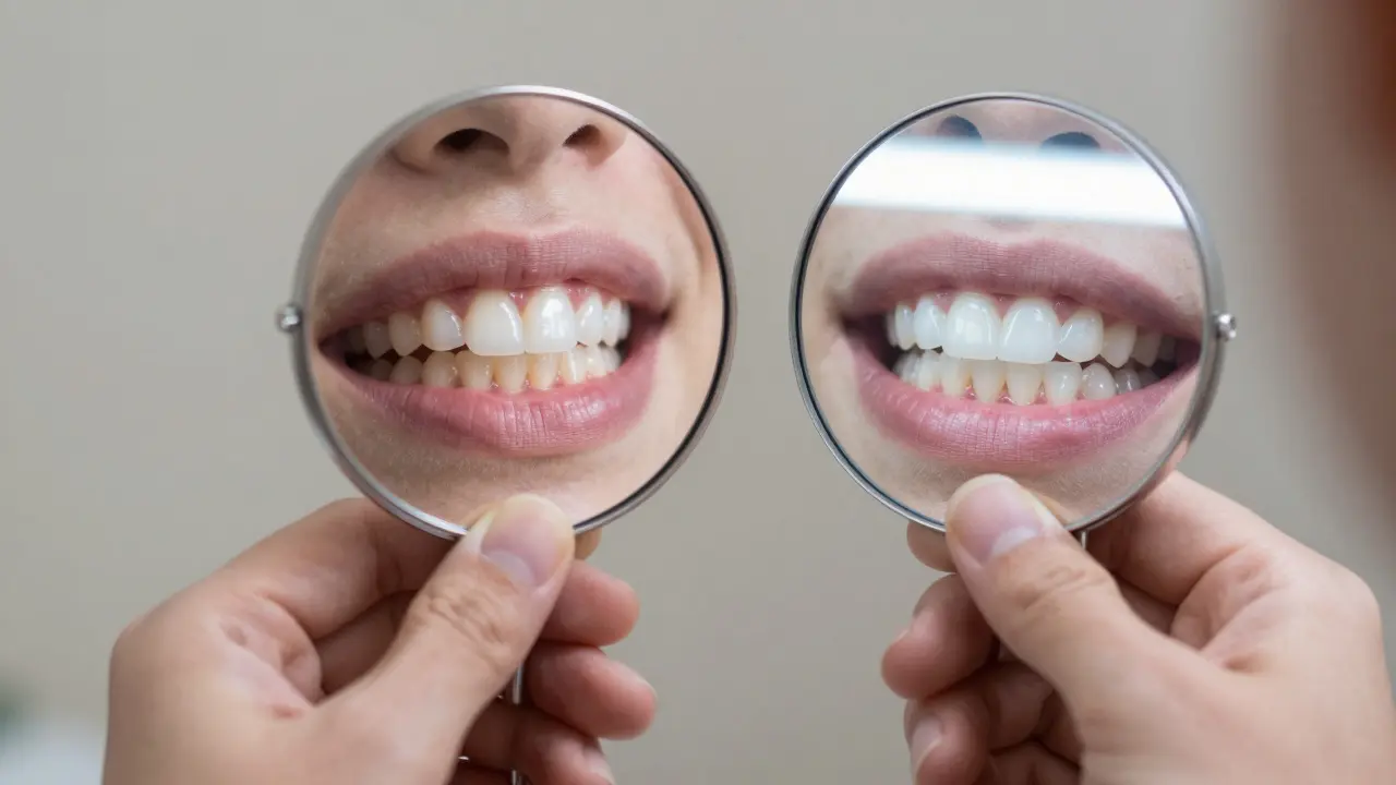 Kontrast mezi přirozeně zbarveným a uměle běleným zubem v zrcadle.