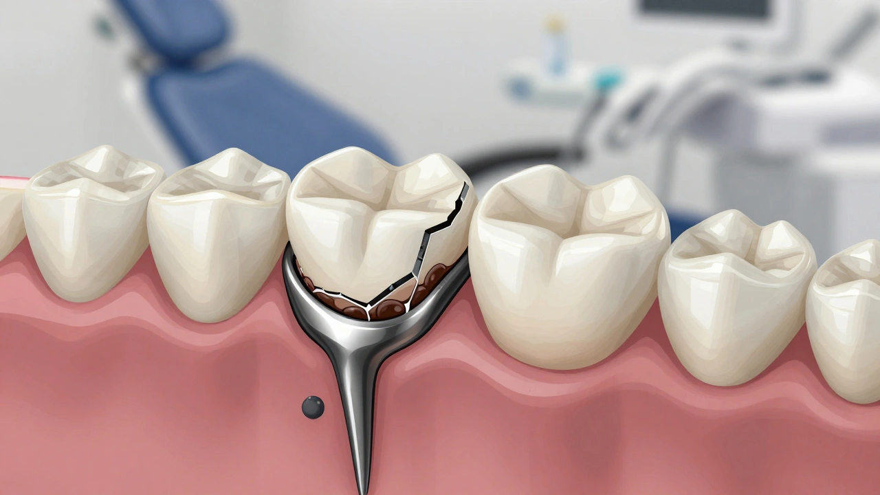 Křehká keramická vrstva korunky je poškozená, pod ní je kovový základ a plak.