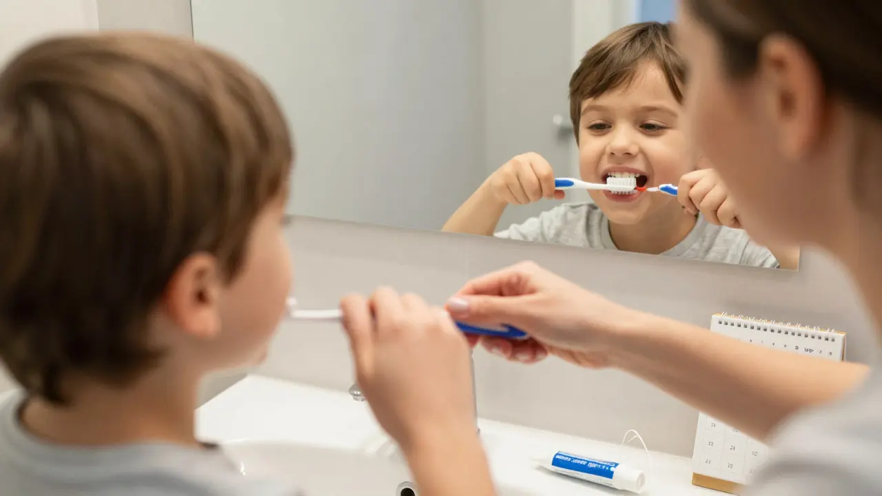 Matka čistí zuby svého dítěte doma, viditelné jsou nové trvalé stoličky.