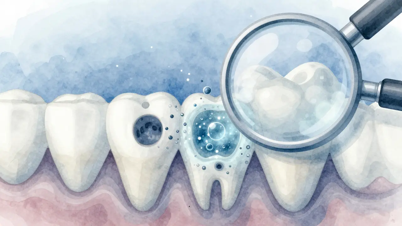 Microscopic view of oxygen bubbles breaking down stains in tooth enamel.