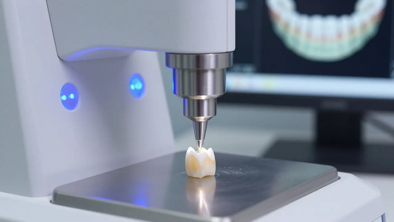 Milling machine crafting a ceramic veneer from a solid block of dental material.