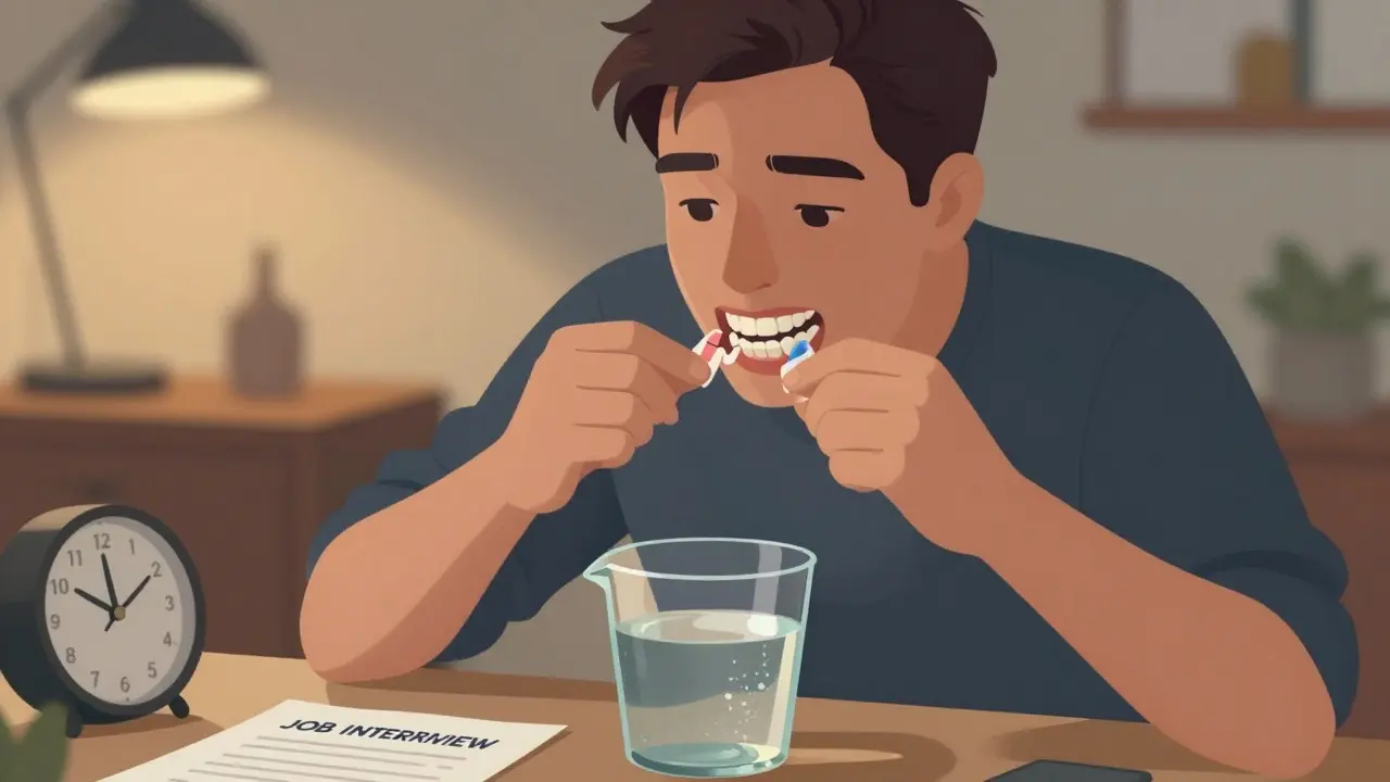 Muž opatrně vyjímá nalepovací zuby do čisticího roztoku večer.