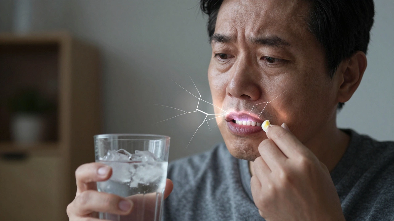 Osoba s neviditelnými prasklinami v zubech držící led a bonbon