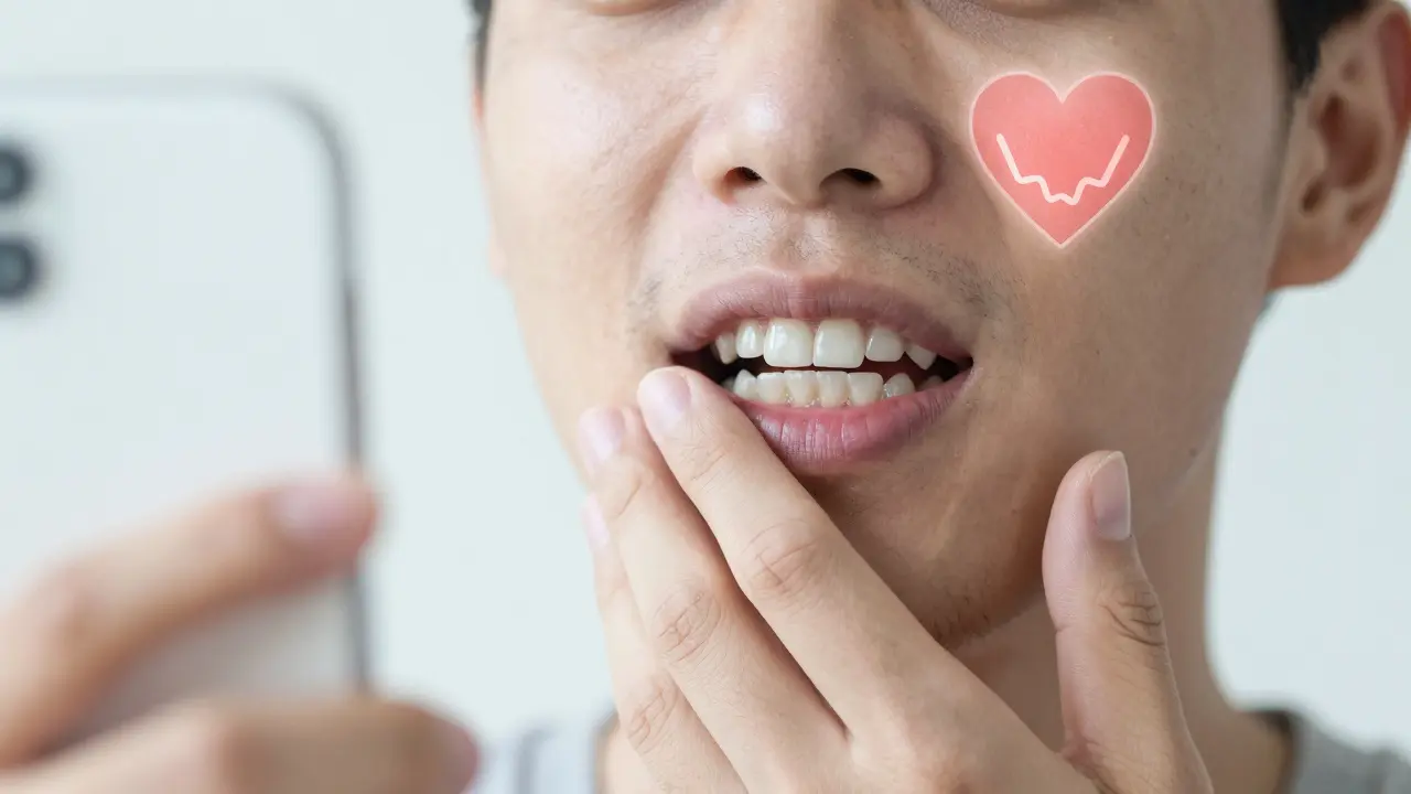 Osoba se zastavující před selfie, s přehledem zdravotních rizik spojených s mezerou mezi zuby.